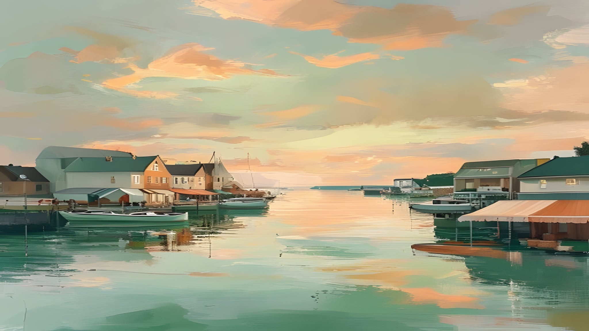 Painterly harbor at golden hour: a main street of small businesses along calm water